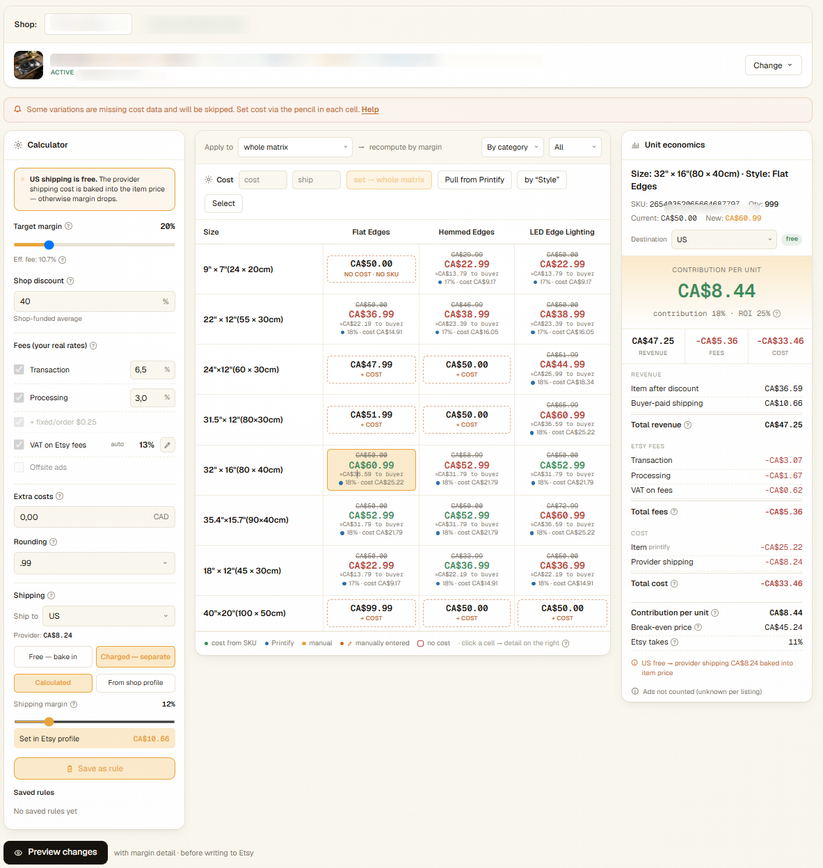 LumiPoints repricing matrix with target margin, shipping rules, Printify costs, and unit economics