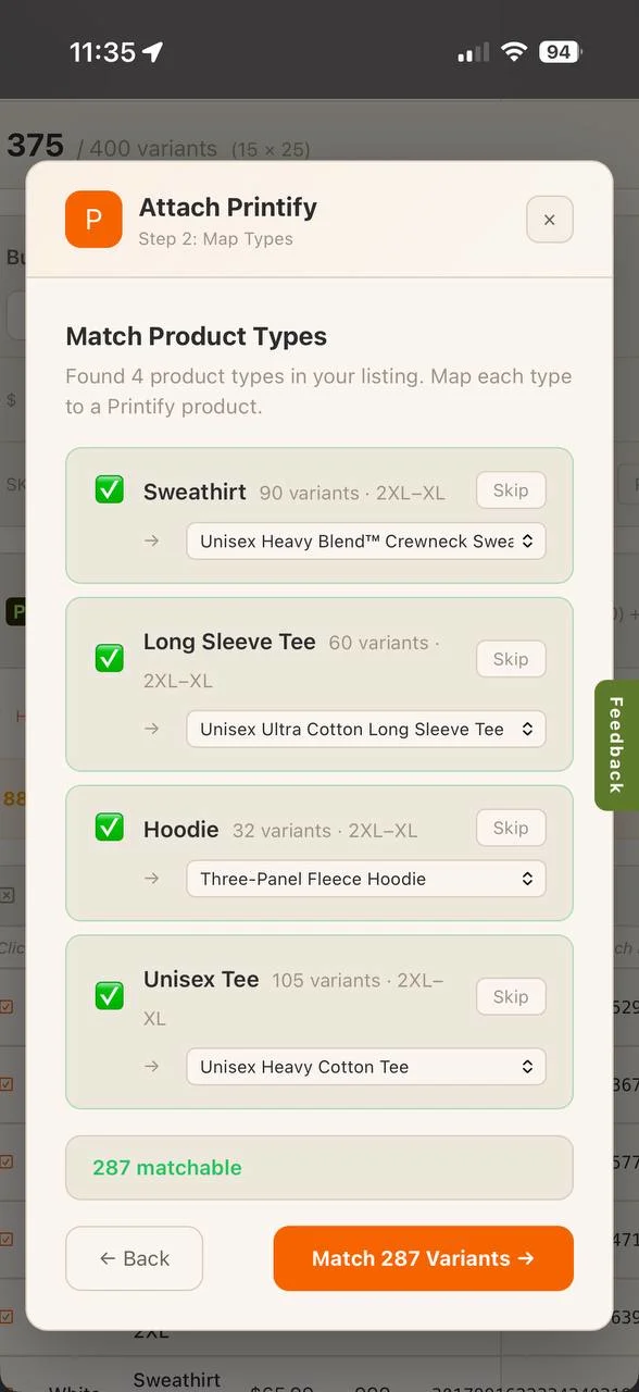 LumiPoints mobile — match Printify product types to Etsy listing variants