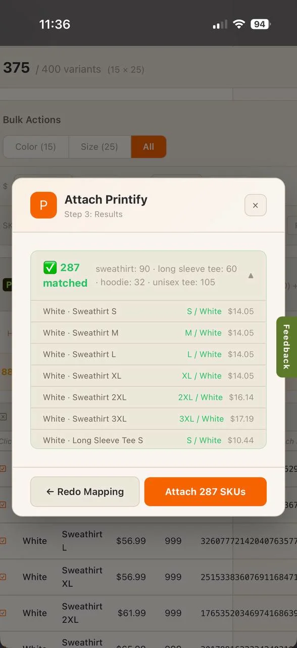 LumiPoints mobile — 287 SKU variants matched automatically on phone