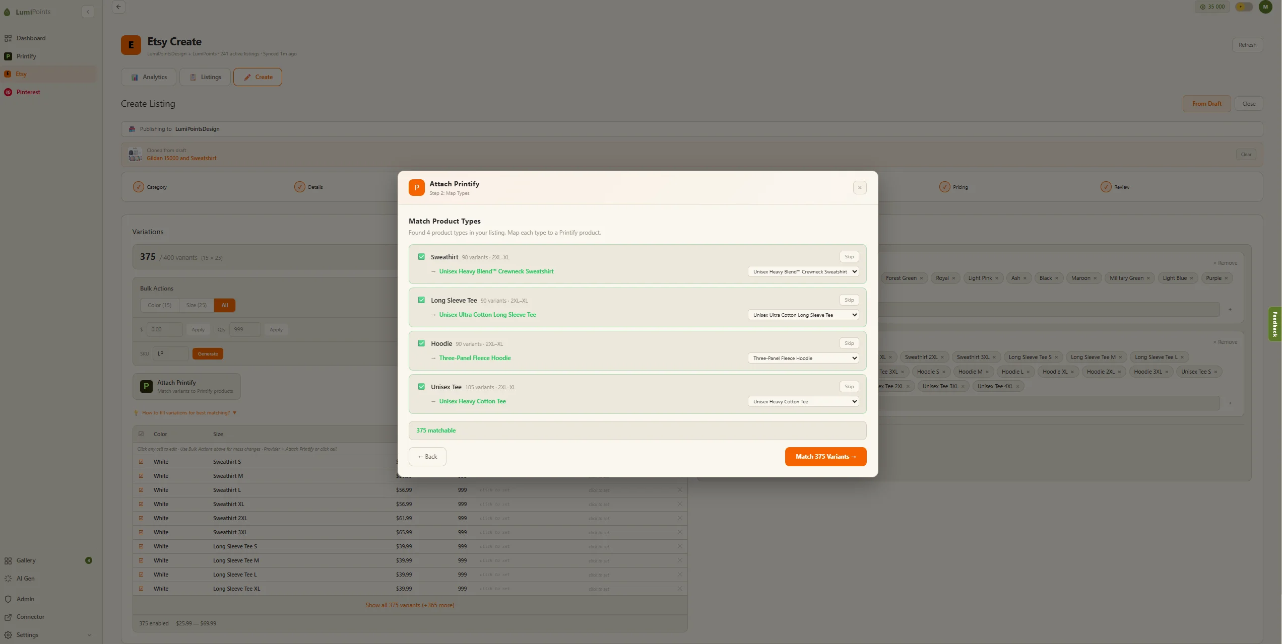 LumiPoints — auto SKU matching: Printify product types mapped to Etsy listing variants with one click